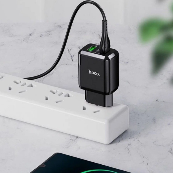 СЗУ HOCO N6 2xUSB-A QC3.0 + кабель USB-A - USB-C, чёрное